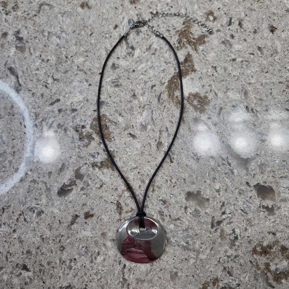 Lia‎ Sophia Silver Tone Pendant Necklace Faux Leather Cord Modern Design
